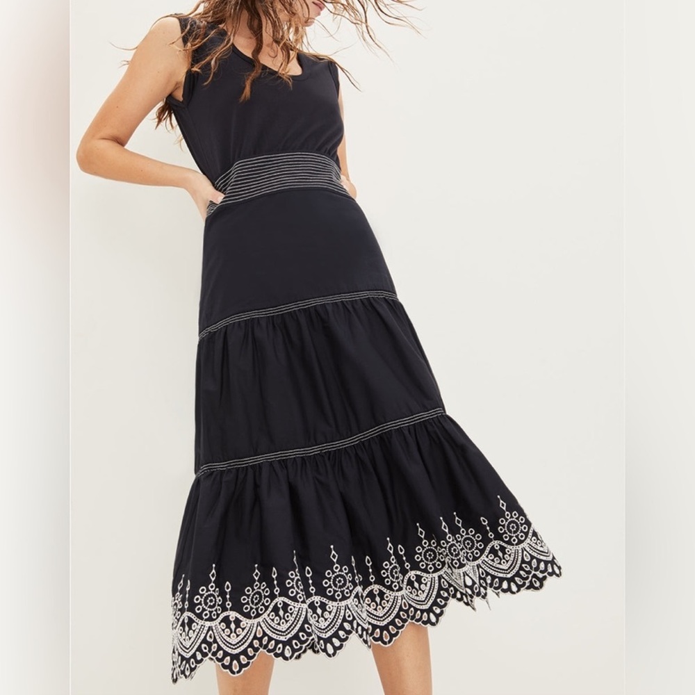 Veronica Beard Womens Amaia Eyelet Midi Dress NWT Size M Navy/Pearl